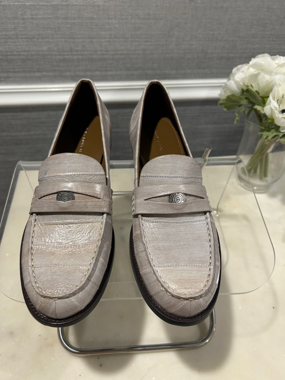 Tory Burch Women's Pale Taupe Croc-Embossed Penny Loafers